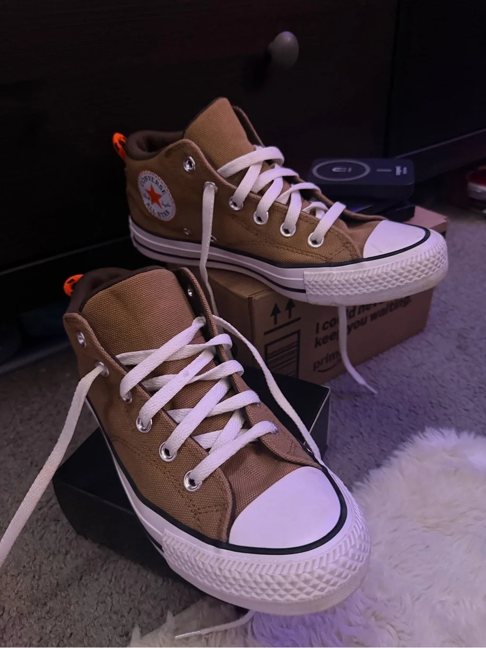 Converse Kids Tan High Top Sneakers with Orange Loop